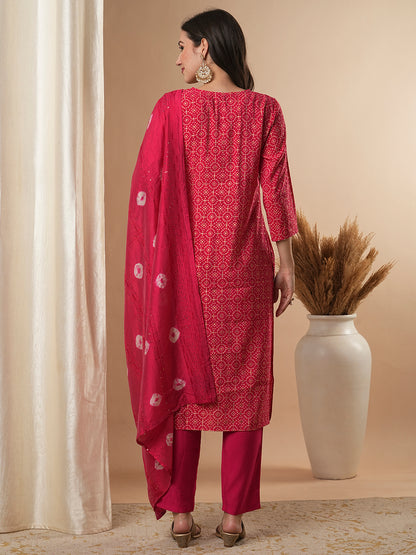 Bandhani Printed & Gota Patti Embroidered Straight Fit Kurta with Pant and Dupatta - Pink