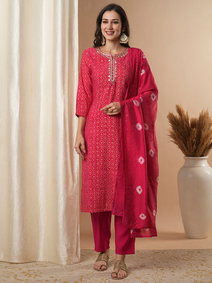 Bandhani Printed & Gota Patti Embroidered Straight Fit Kurta with Pant and Dupatta - Pink