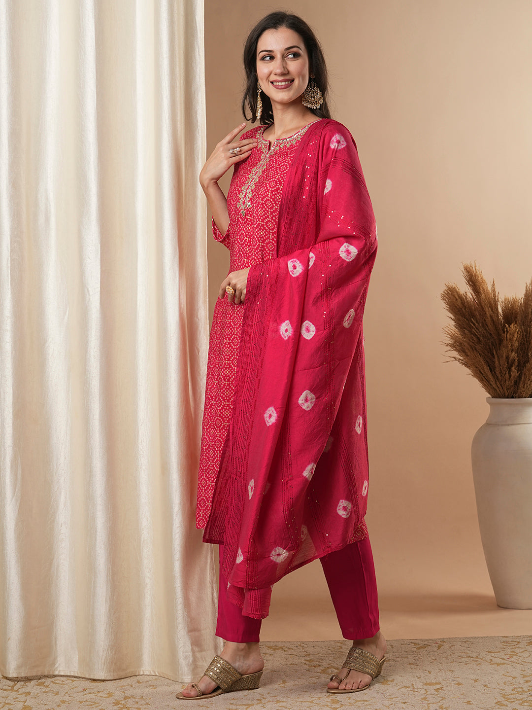 Bandhani Printed & Gota Patti Embroidered Straight Fit Kurta with Pant and Dupatta - Pink