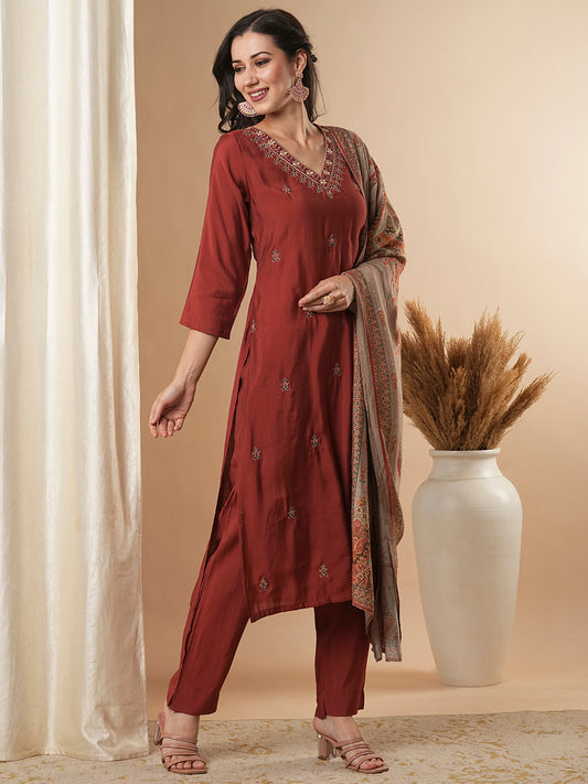 Solid Ethnic Embroidered Straight Kurta with Pant & Dupatta - Rust