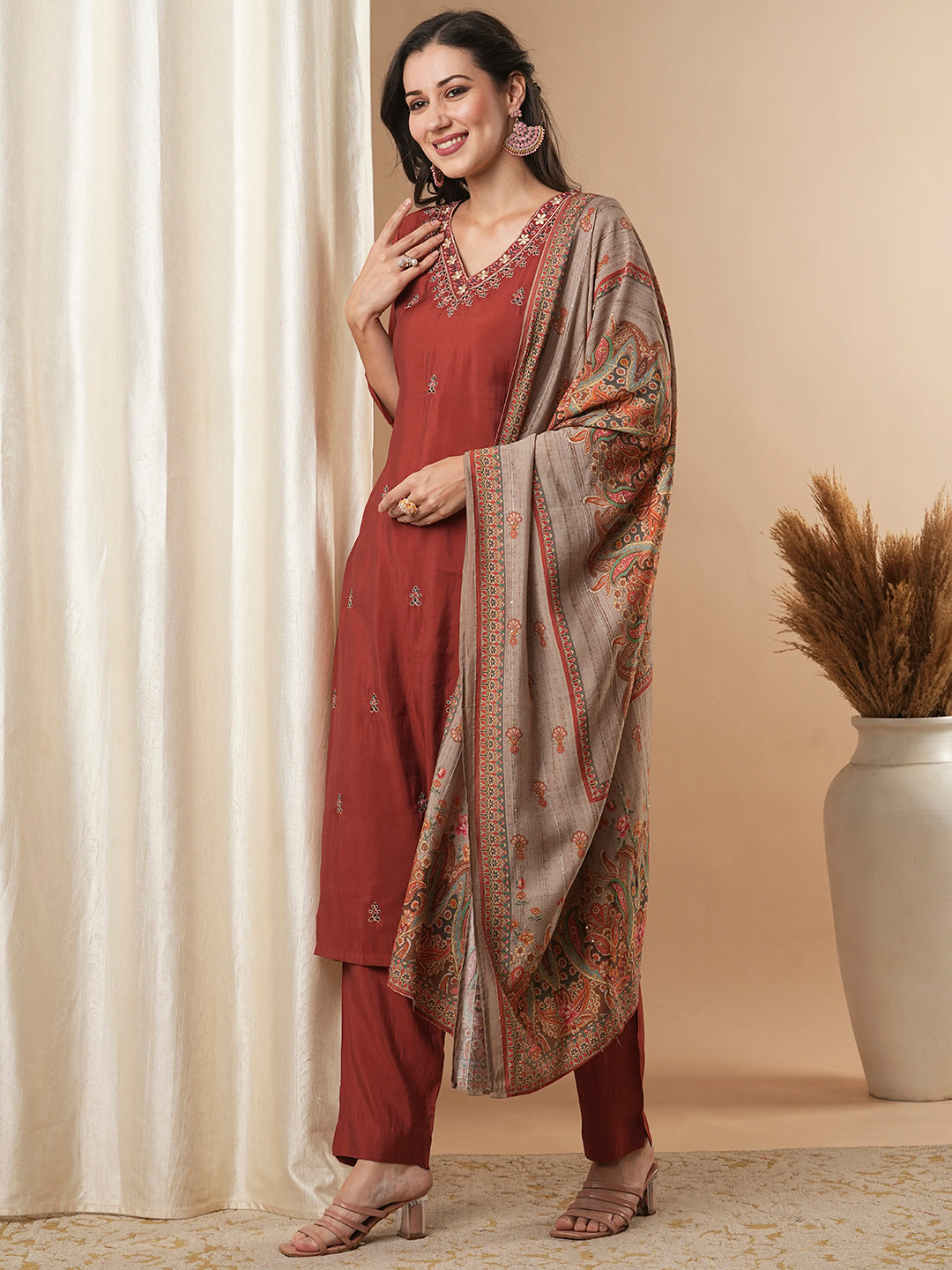 Solid Ethnic Embroidered Straight Kurta with Pant & Dupatta - Rust