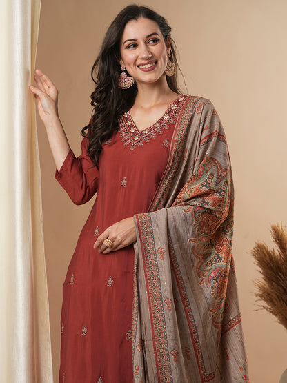 Solid Ethnic Embroidered Straight Kurta with Pant & Dupatta - Rust