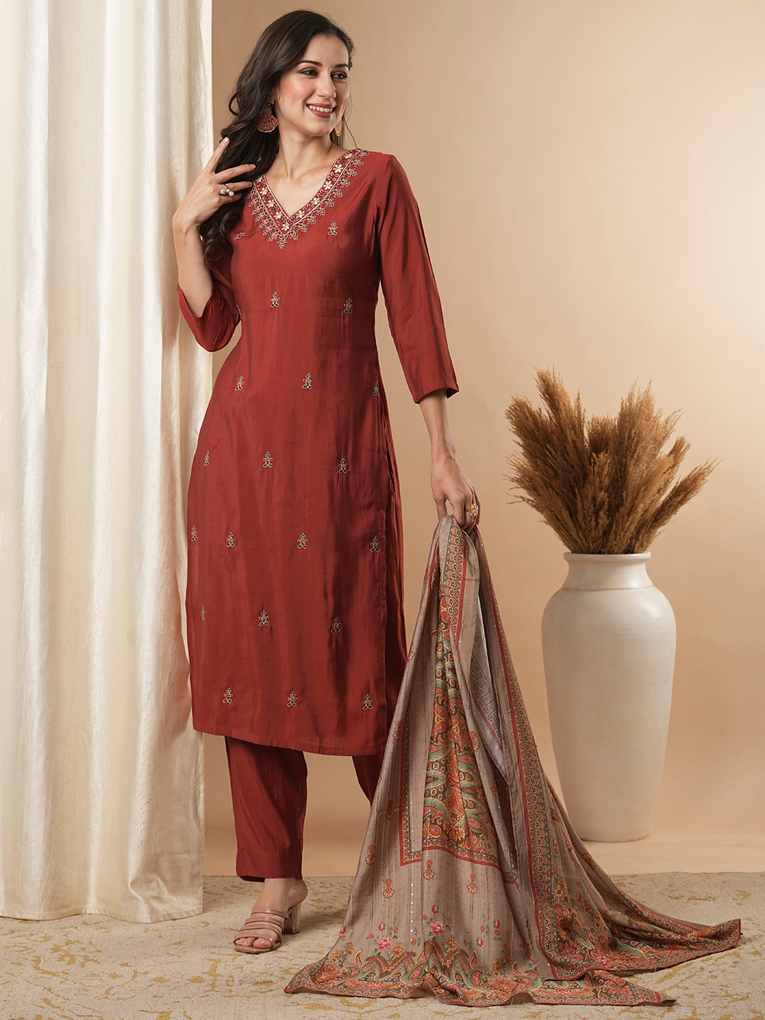 Solid Ethnic Embroidered Straight Kurta with Pant & Dupatta - Rust