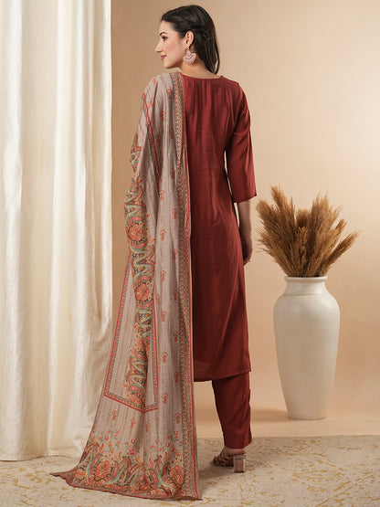 Solid Ethnic Embroidered Straight Kurta with Pant & Dupatta - Rust