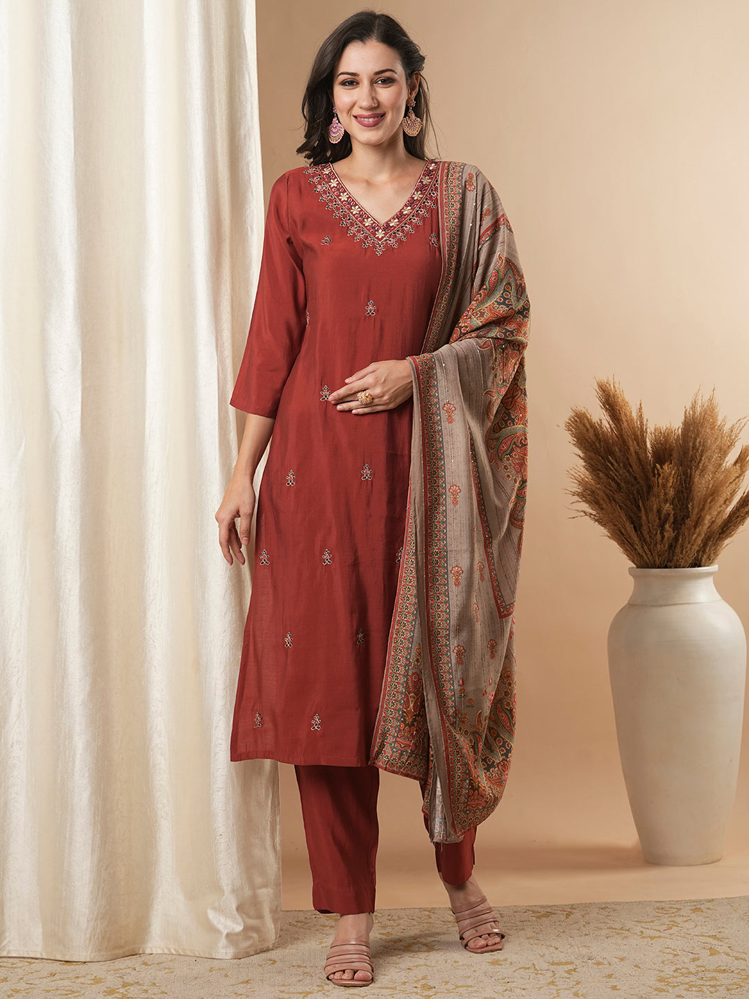 Solid Ethnic Embroidered Straight Kurta with Pant & Dupatta - Rust