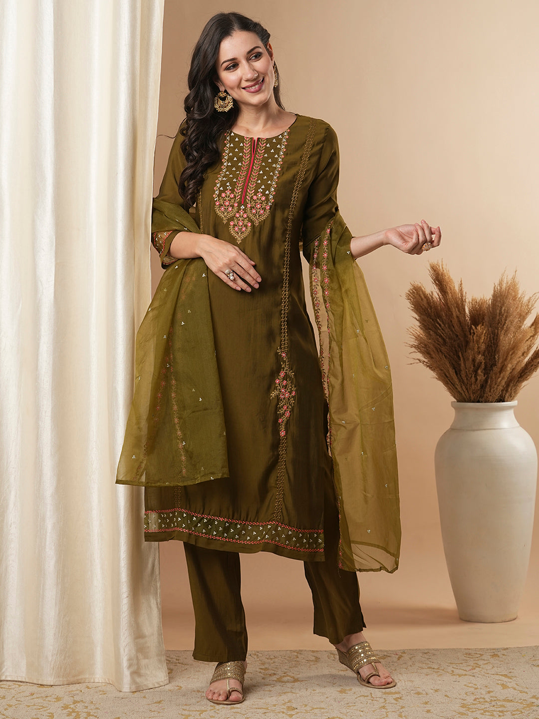 Solid Floral Embroidered Straight Fit Kurta with Pant & Dupatta - Olive Green