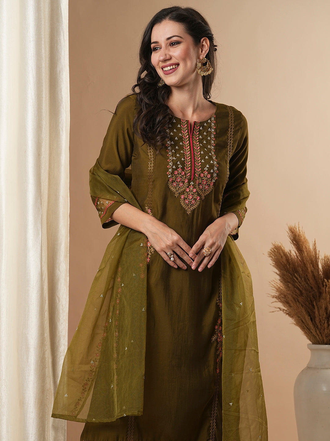 Solid Floral Embroidered Straight Fit Kurta with Pant & Dupatta - Olive Green