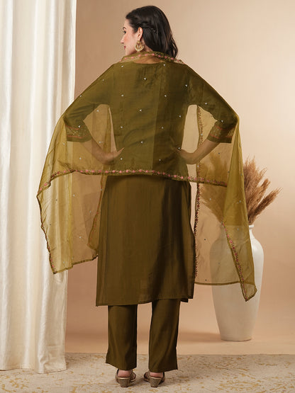 Solid Floral Embroidered Straight Fit Kurta with Pant & Dupatta - Olive Green