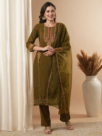 Solid Floral Embroidered Straight Fit Kurta with Pant & Dupatta - Olive Green