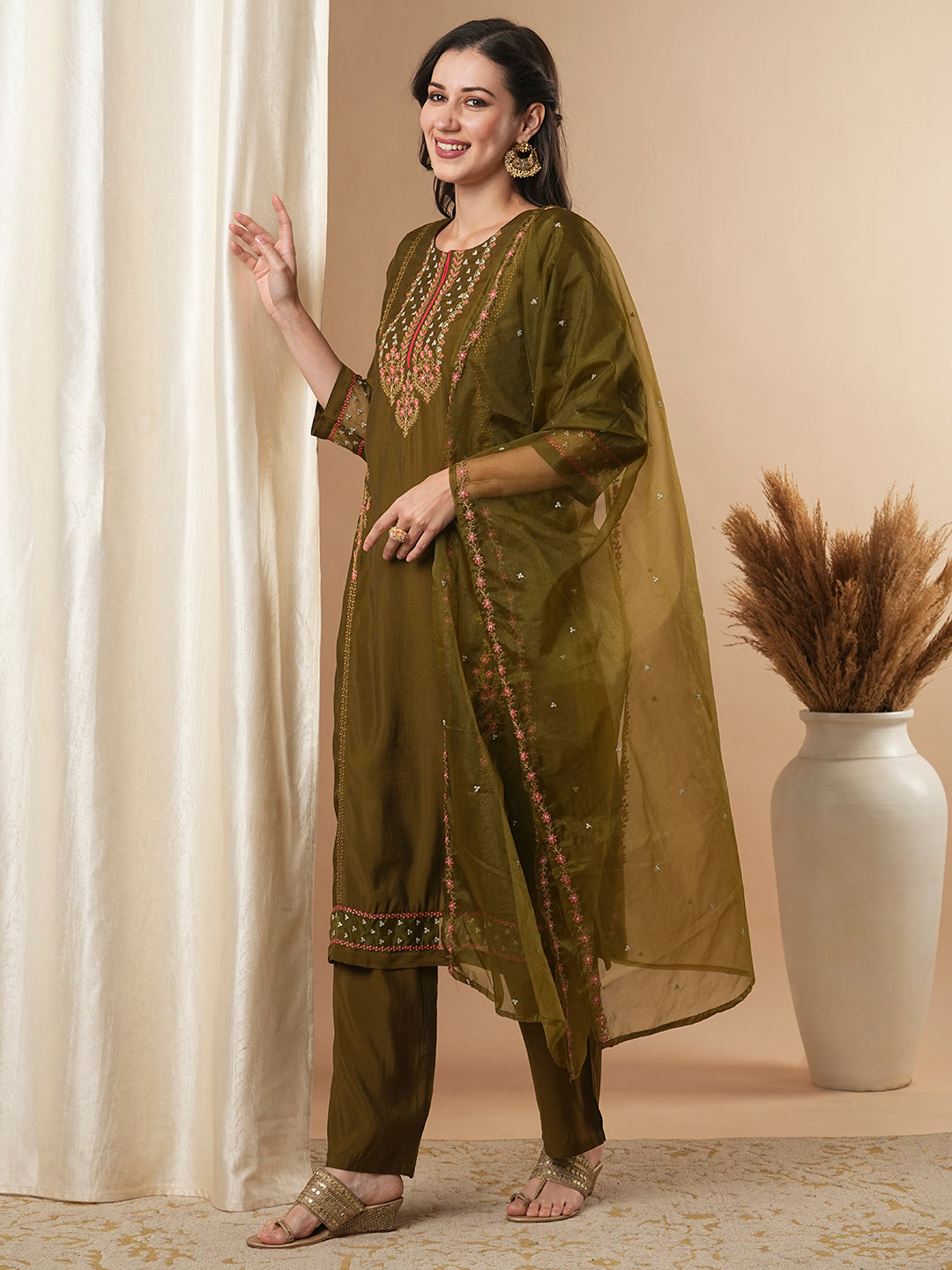 Solid Floral Embroidered Straight Fit Kurta with Pant & Dupatta - Olive Green