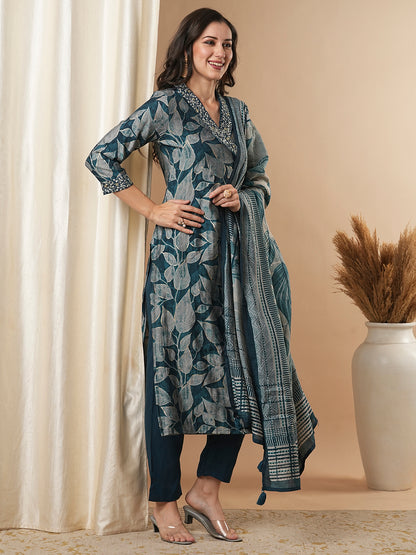 Ethnic Leaf Printed & Embroidered Straight Kurta with Pant and Dupatta - Teal Blue