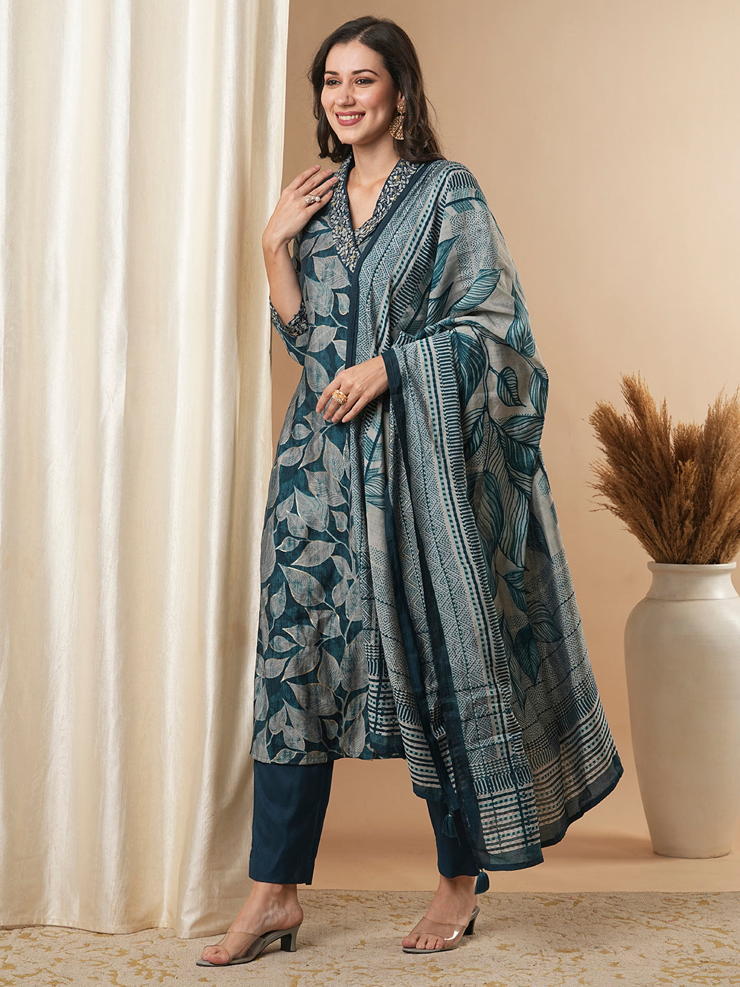 Ethnic Leaf Printed & Embroidered Straight Kurta with Pant and Dupatta - Teal Blue