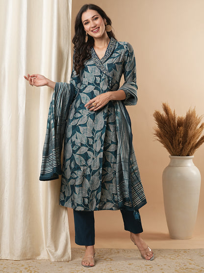 Ethnic Leaf Printed & Embroidered Straight Kurta with Pant and Dupatta - Teal Blue