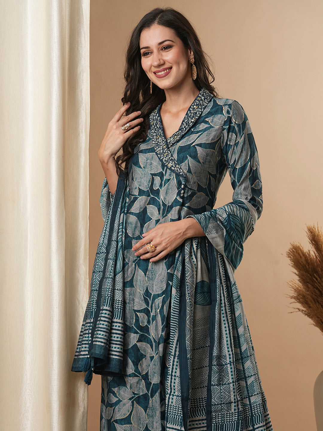 Ethnic Leaf Printed & Embroidered Straight Kurta with Pant and Dupatta - Teal Blue