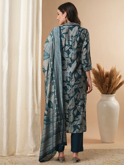 Ethnic Leaf Printed & Embroidered Straight Kurta with Pant and Dupatta - Teal Blue