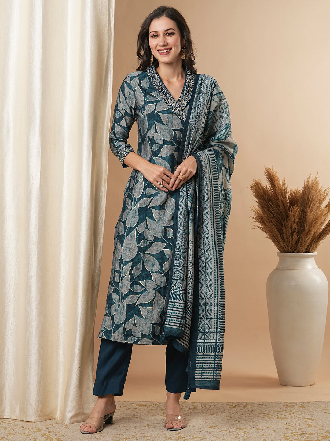 Ethnic Leaf Printed & Embroidered Straight Kurta with Pant and Dupatta - Teal Blue