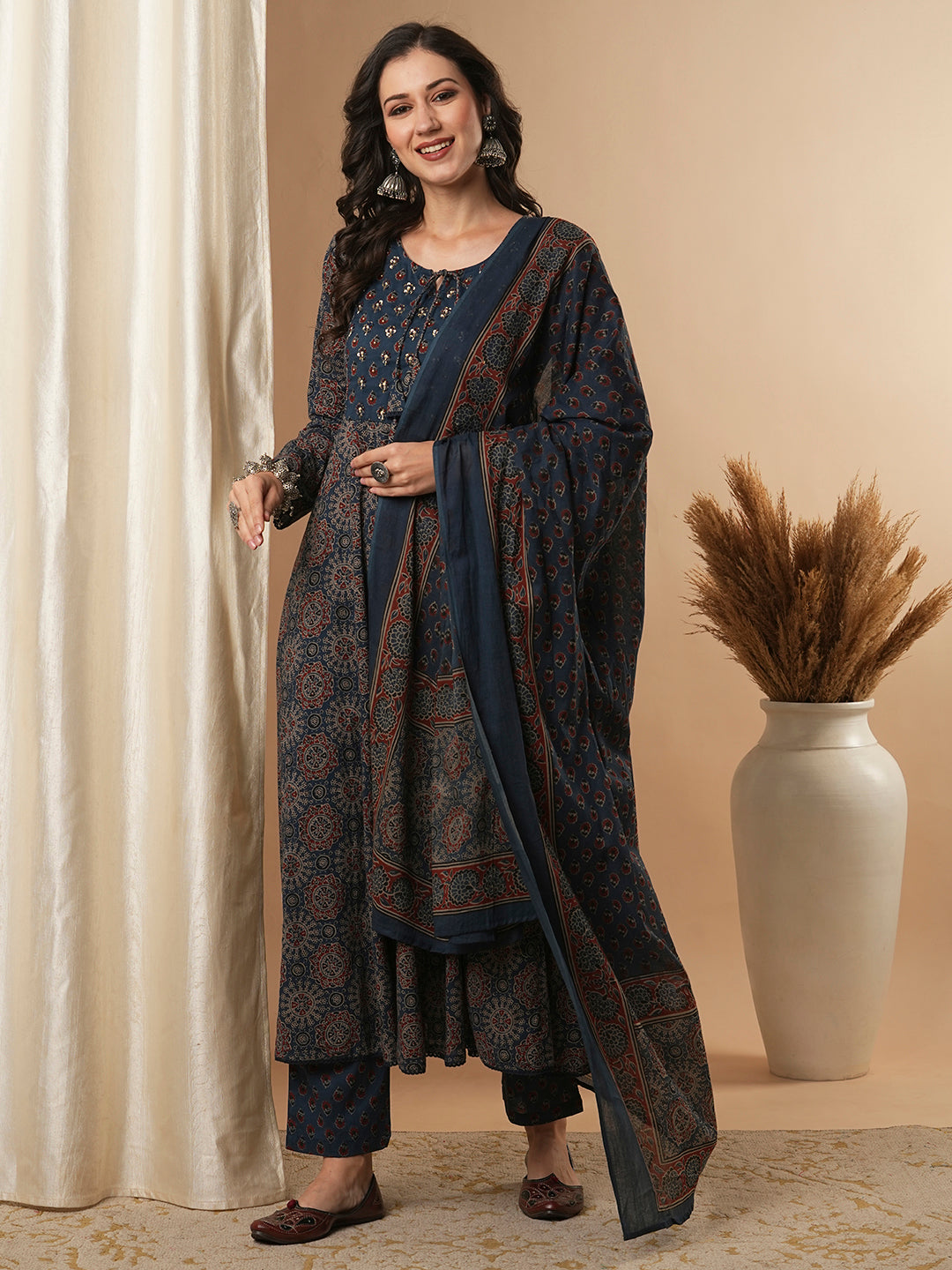 Ethnic Floral Printed & Embroidered Anarkali Kurta with Pant & Dupatta - Blue