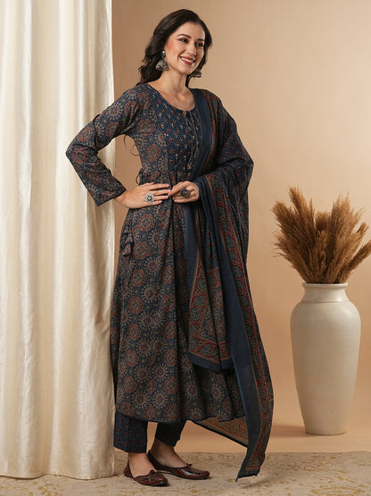 Ethnic Floral Printed & Embroidered Anarkali Kurta with Pant & Dupatta - Blue