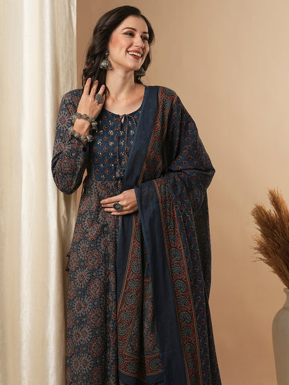 Ethnic Floral Printed & Embroidered Anarkali Kurta with Pant & Dupatta - Blue