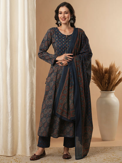 Ethnic Floral Printed & Embroidered Anarkali Kurta with Pant & Dupatta - Blue