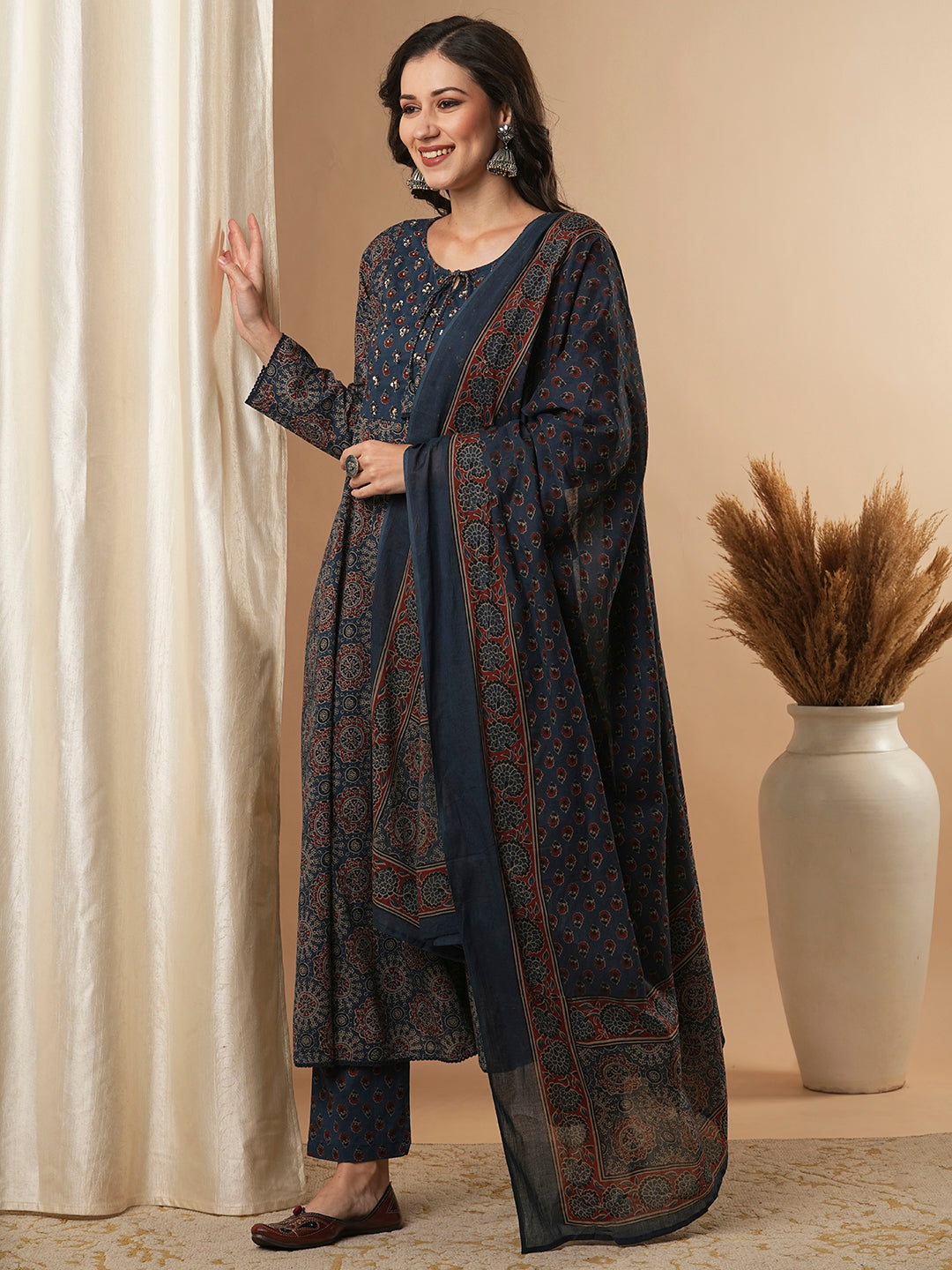 Ethnic Floral Printed & Embroidered Anarkali Kurta with Pant & Dupatta - Blue