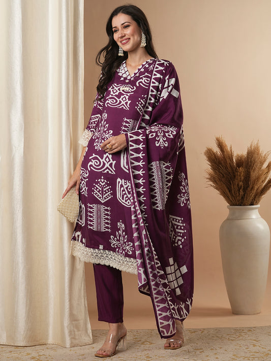 Ethnic Geometric Printed Straight Fit Kurta with Pant & Dupatta - Burgundy