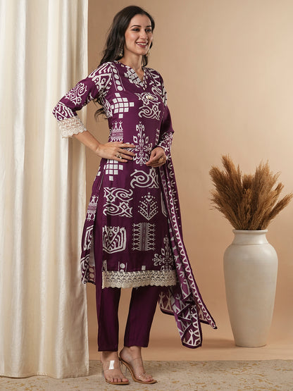 Ethnic Geometric Printed Straight Fit Kurta with Pant & Dupatta - Burgundy