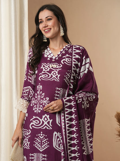 Ethnic Geometric Printed Straight Fit Kurta with Pant & Dupatta - Burgundy