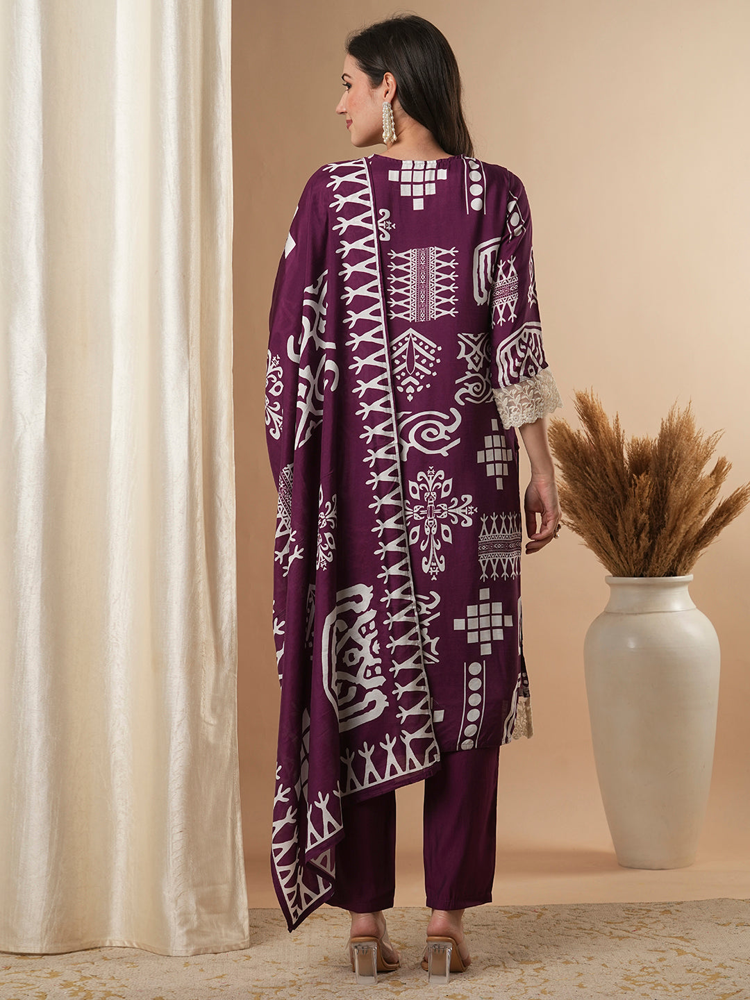 Ethnic Geometric Printed Straight Fit Kurta with Pant & Dupatta - Burgundy