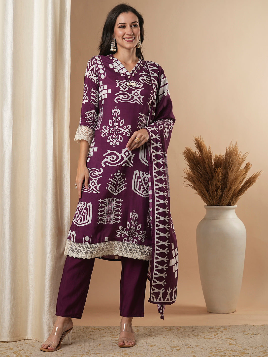 Ethnic Geometric Printed Straight Fit Kurta with Pant & Dupatta - Burgundy