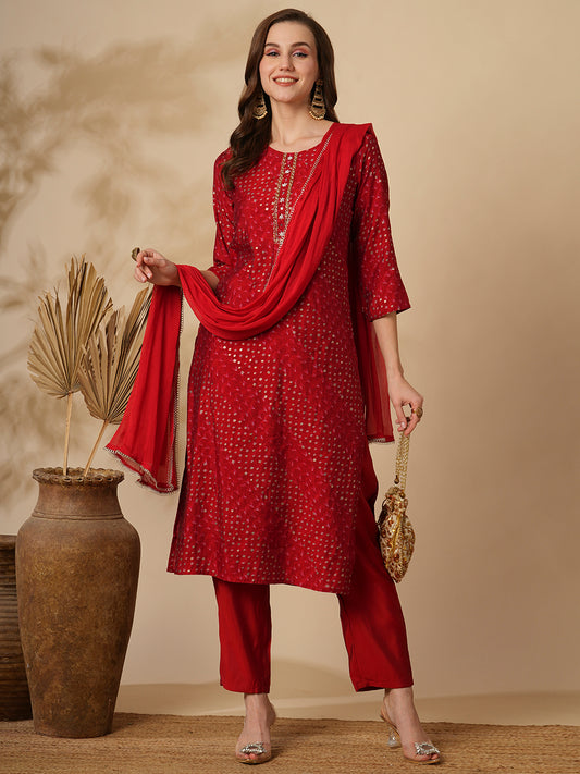 Bandhani Printed & Embroidered Straight Kurta with Pant & Dupatta - Red