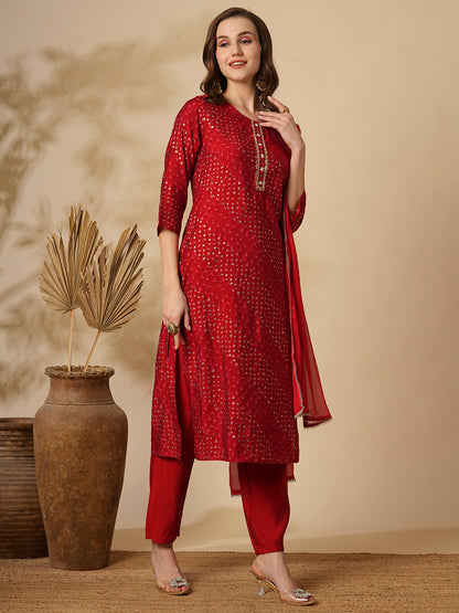 Bandhani Printed & Embroidered Straight Kurta with Pant & Dupatta - Red