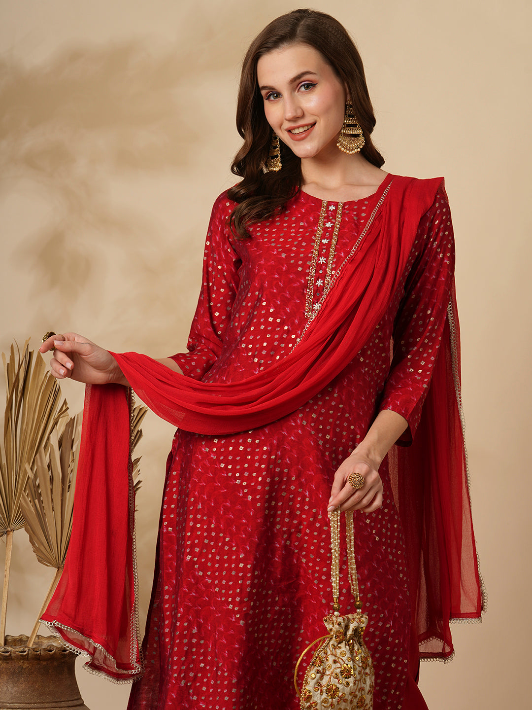 Bandhani Printed & Embroidered Straight Kurta with Pant & Dupatta - Red