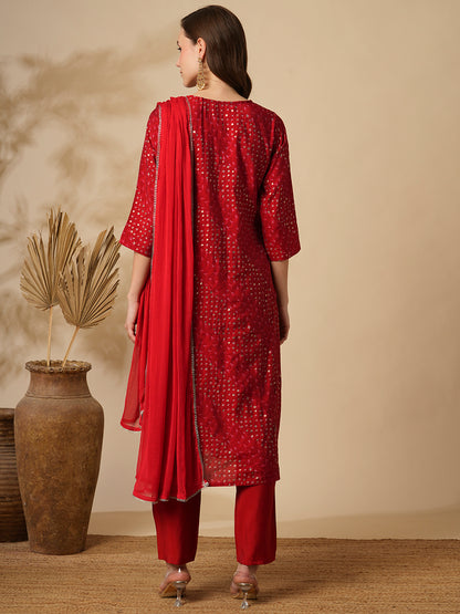 Bandhani Printed & Embroidered Straight Kurta with Pant & Dupatta - Red