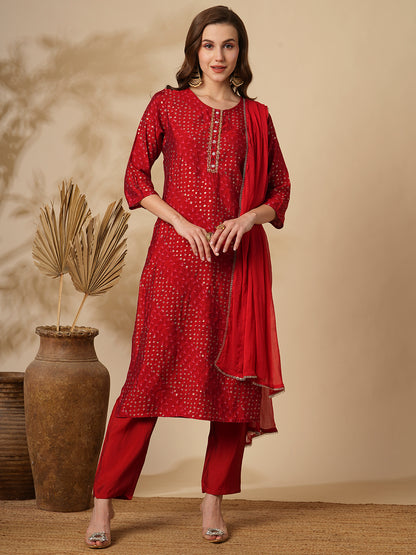 Bandhani Printed & Embroidered Straight Kurta with Pant & Dupatta - Red