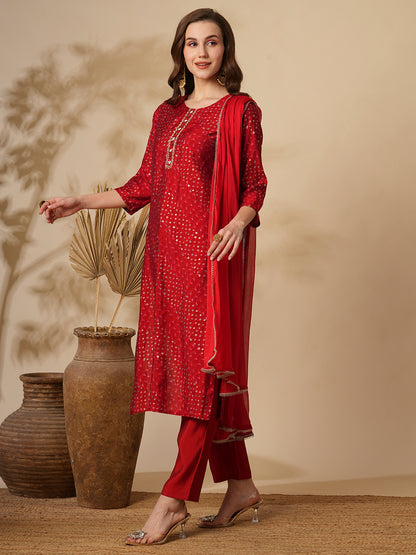 Bandhani Printed & Embroidered Straight Kurta with Pant & Dupatta - Red