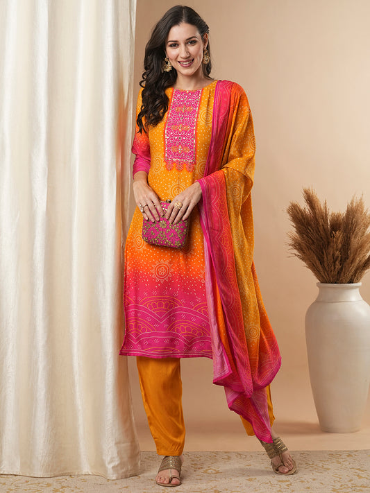 Bandhani Printed & Embroidered Straight Kurta with Pant & Dupatta - Mustard