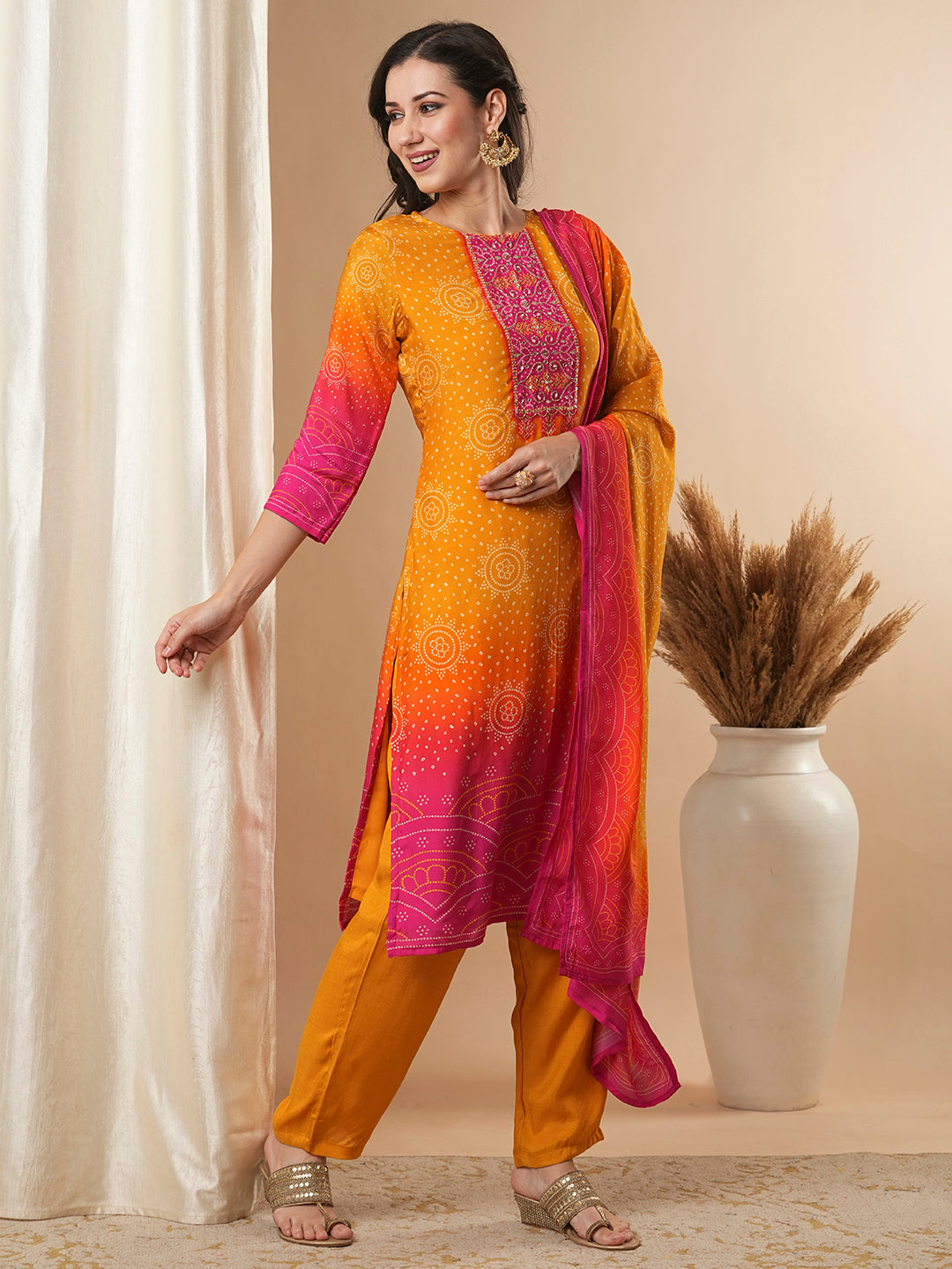 Bandhani Printed & Embroidered Straight Kurta with Pant & Dupatta - Mustard