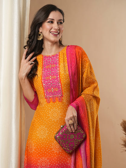 Bandhani Printed & Embroidered Straight Kurta with Pant & Dupatta - Mustard