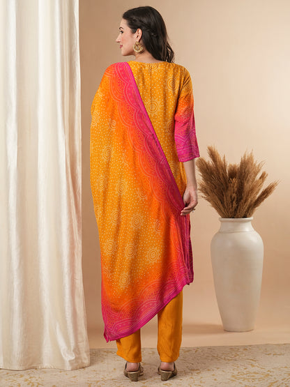 Bandhani Printed & Embroidered Straight Kurta with Pant & Dupatta - Mustard