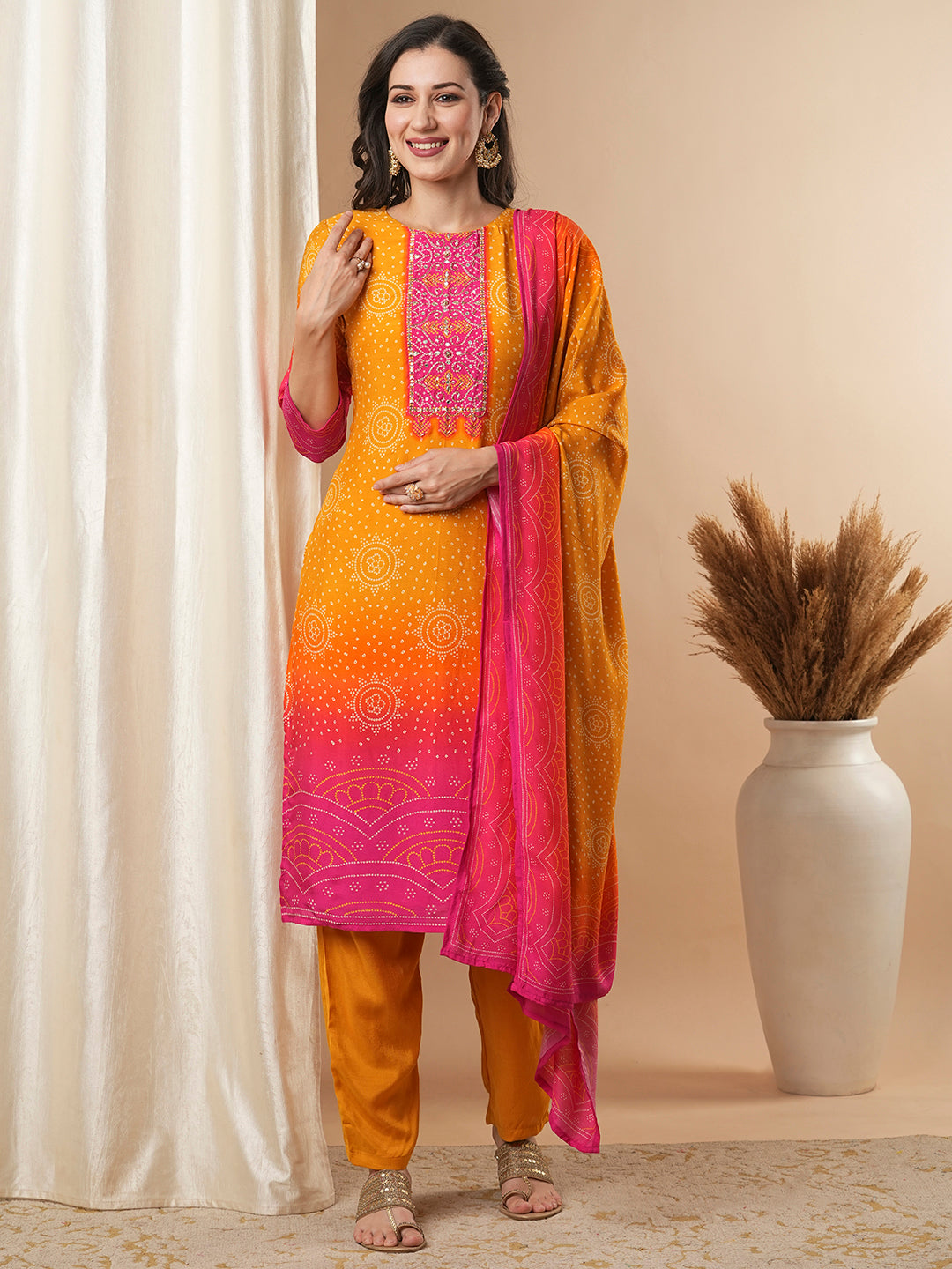 Bandhani Printed & Embroidered Straight Kurta with Pant & Dupatta - Mustard