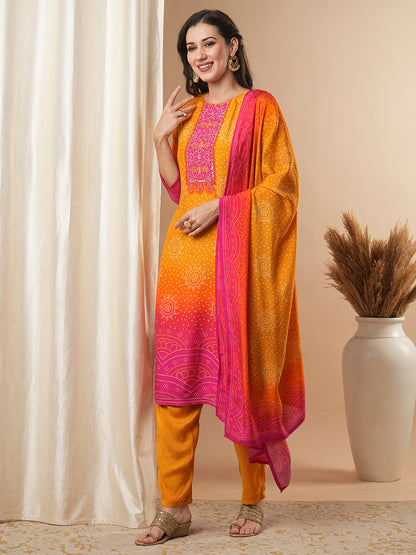 Bandhani Printed & Embroidered Straight Kurta with Pant & Dupatta - Mustard