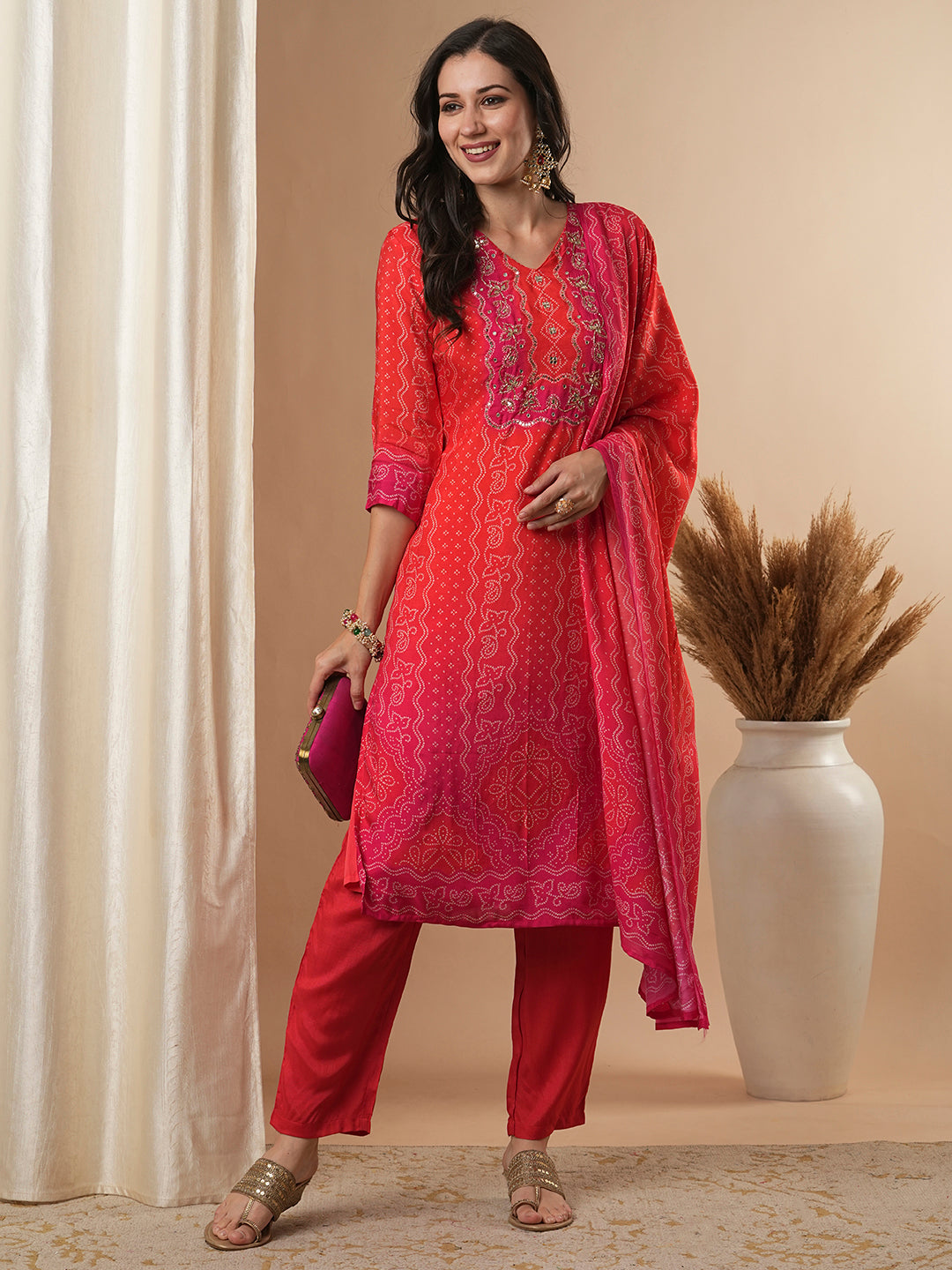 Bandhani Printed & Embroidered Straight Kurta with Pant & Dupatta - Red