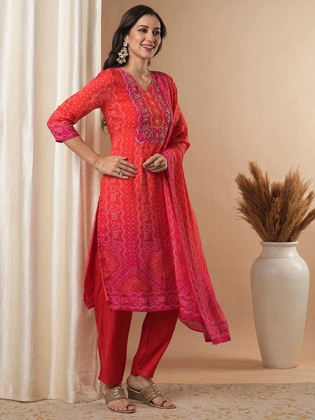 Bandhani Printed & Embroidered Straight Kurta with Pant & Dupatta - Red