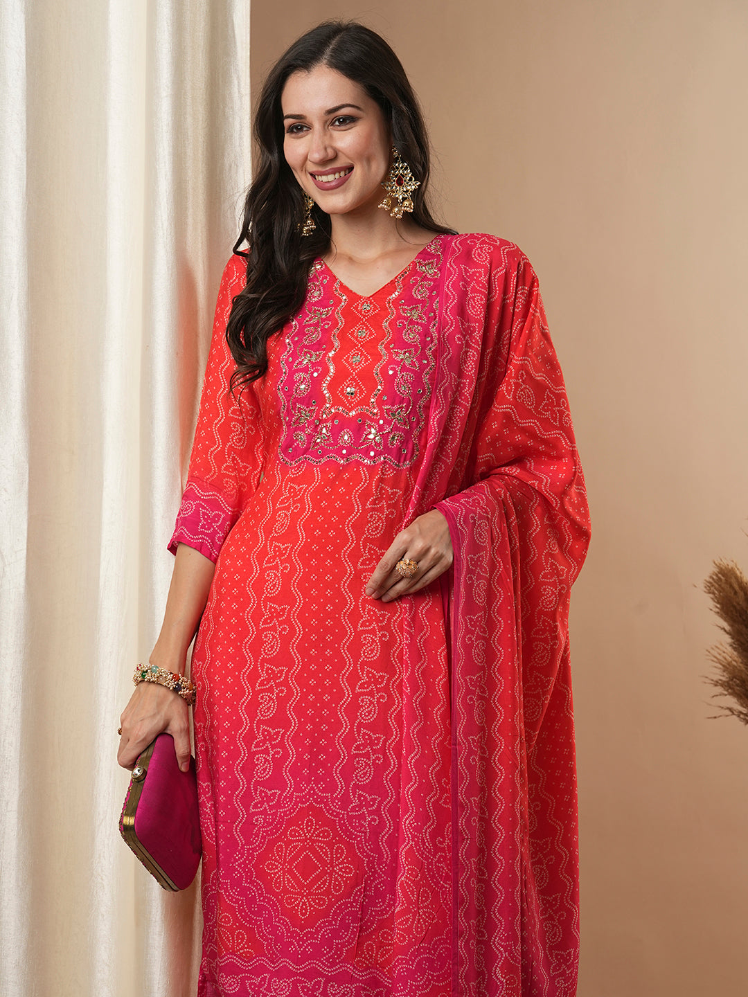 Bandhani Printed & Embroidered Straight Kurta with Pant & Dupatta - Red