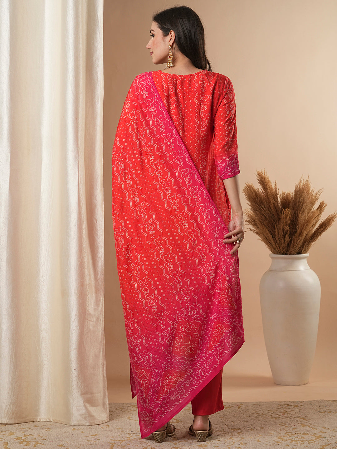 Bandhani Printed & Embroidered Straight Kurta with Pant & Dupatta - Red