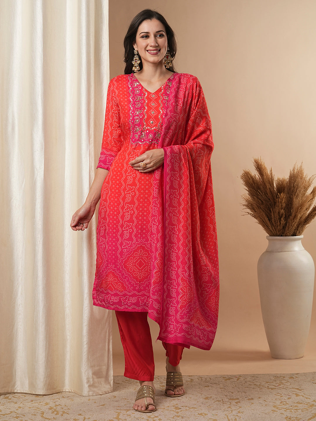 Bandhani Printed & Embroidered Straight Kurta with Pant & Dupatta - Red