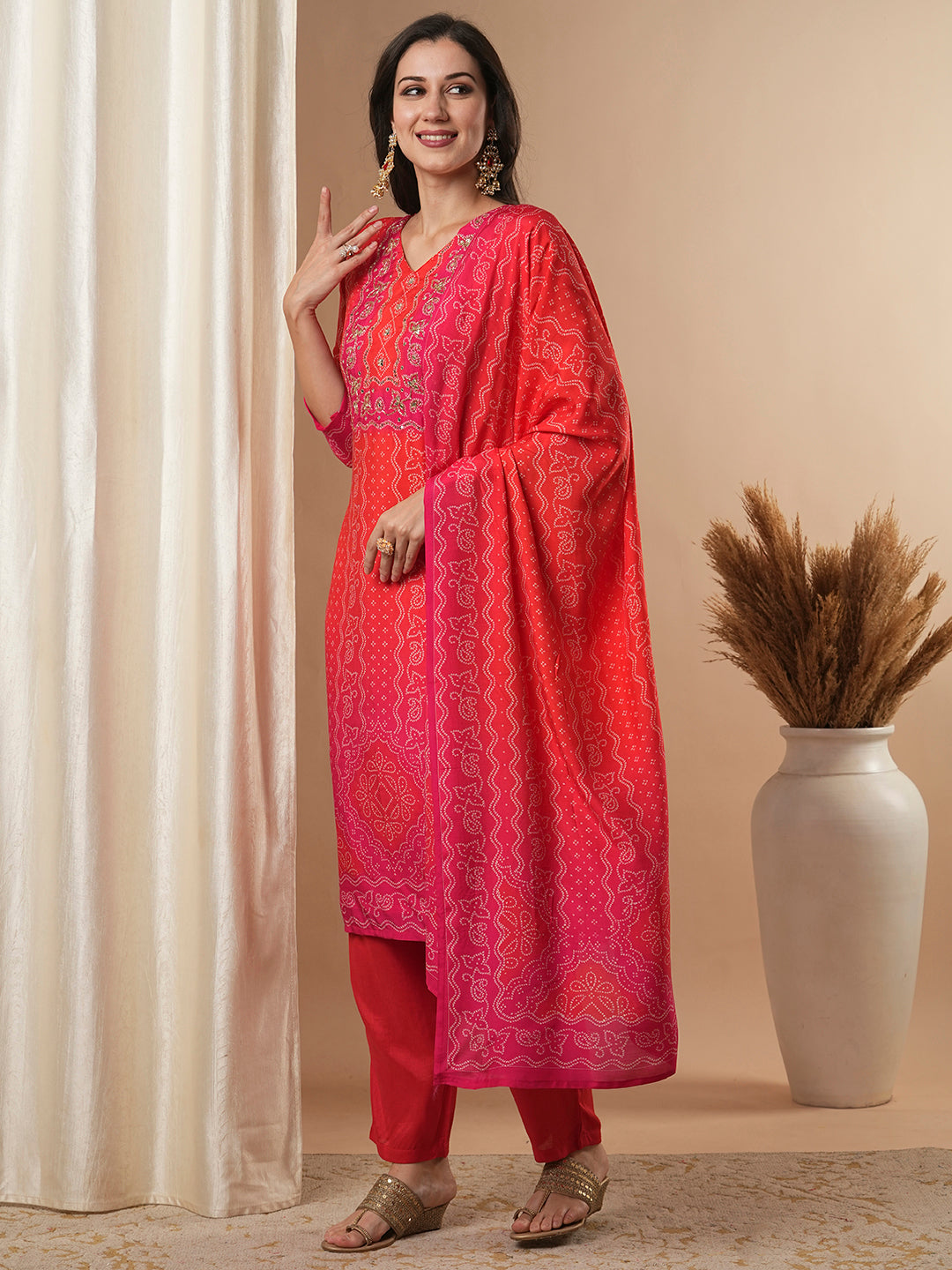 Bandhani Printed & Embroidered Straight Kurta with Pant & Dupatta - Red