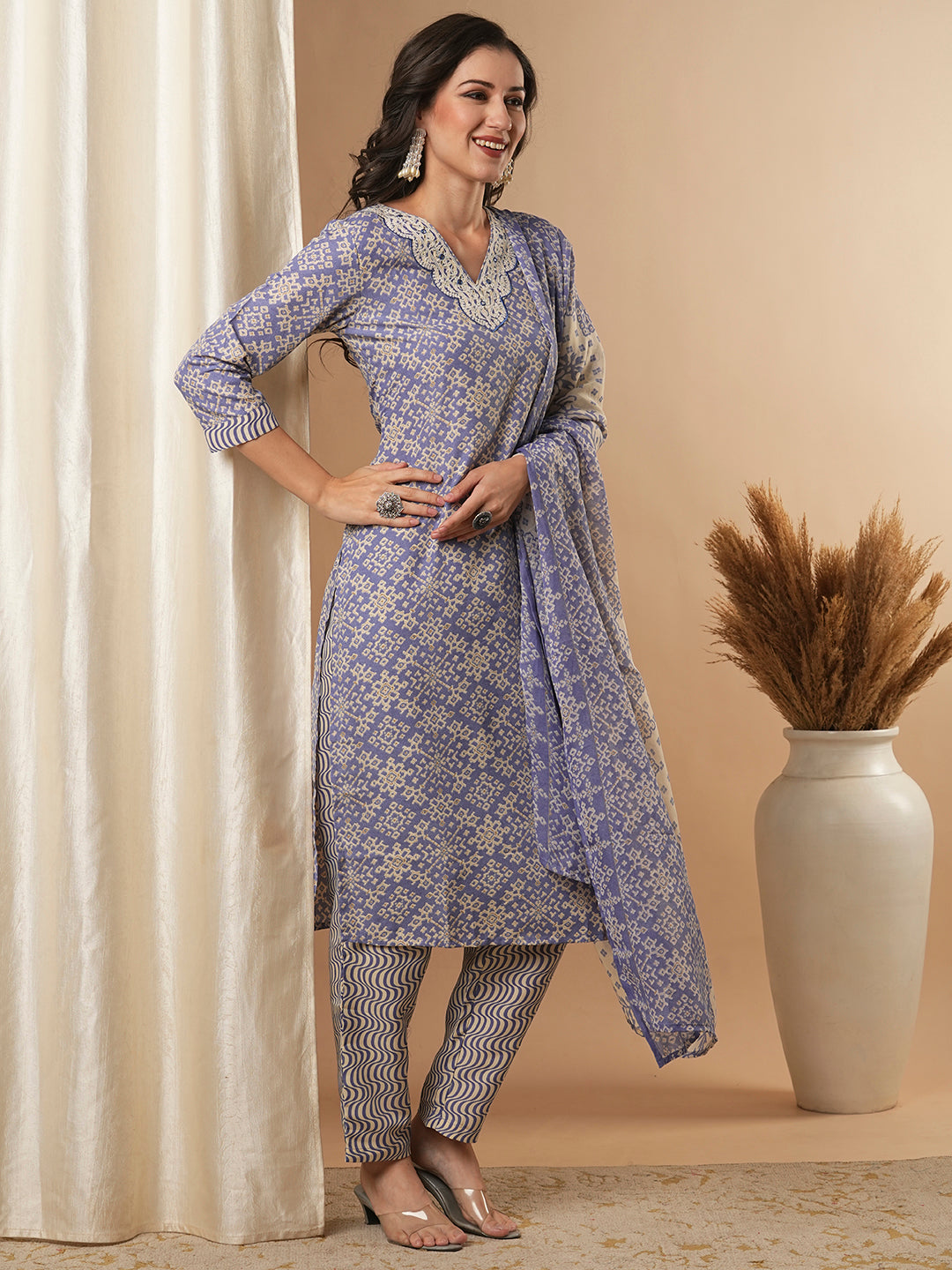 Ethnic Printed & Embroidered Straight Kurta & with Pant & Dupatta - Purple