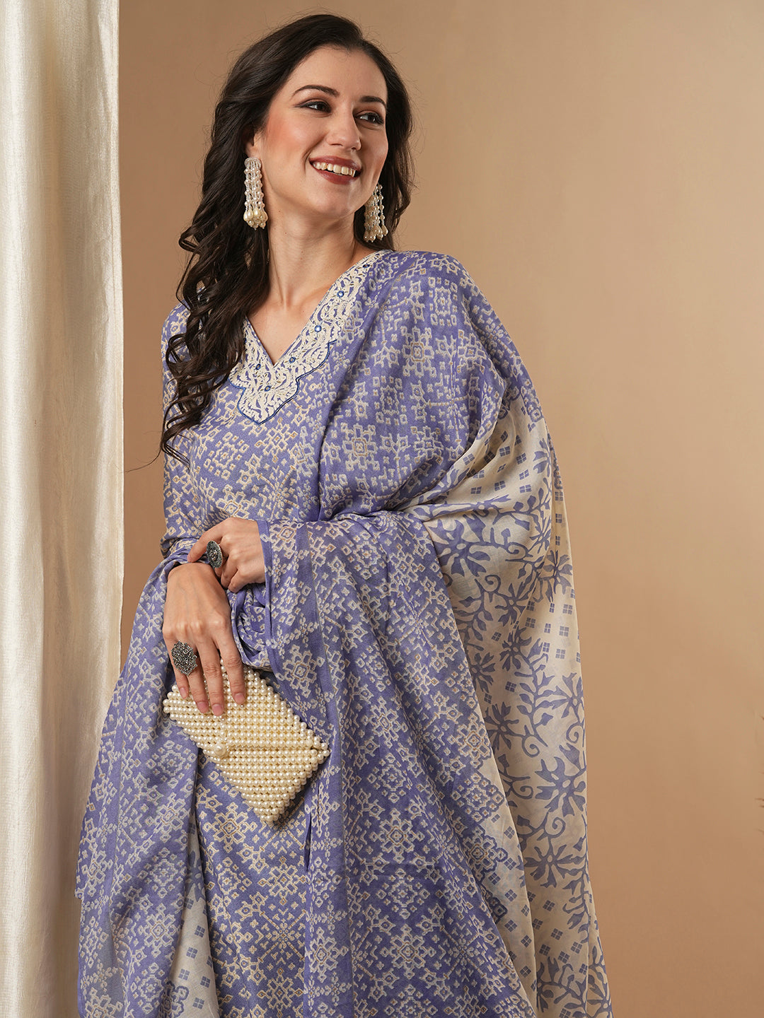 Ethnic Printed & Embroidered Straight Kurta & with Pant & Dupatta - Purple